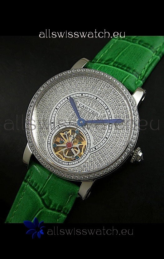 Cartier Ronde de Tourbillon Japanese Replica Diamond Watch in Green Strap