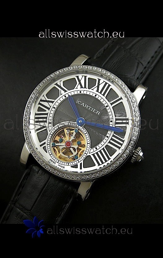 Cartier Ronde de Tourbillon Japanese Replica Diamond Watch in Black Dial
