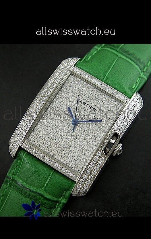 Cartier Tank Anglaise Ladies Replica Watch in Steel/Green Strap