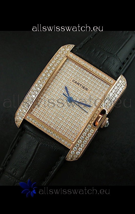 Cartier Tank Anglaise Ladies Replica Watch in Gold Case/Black Strap