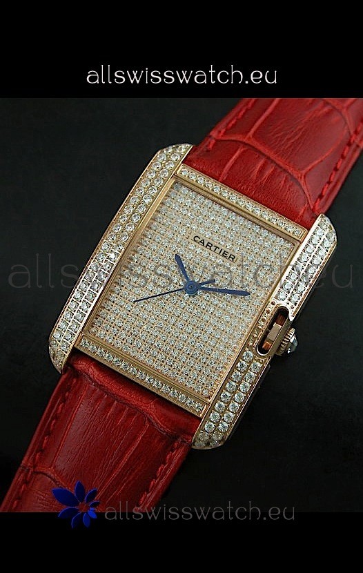 Cartier Tank Anglaise Ladies Replica Watch in Gold Case/Red Strap