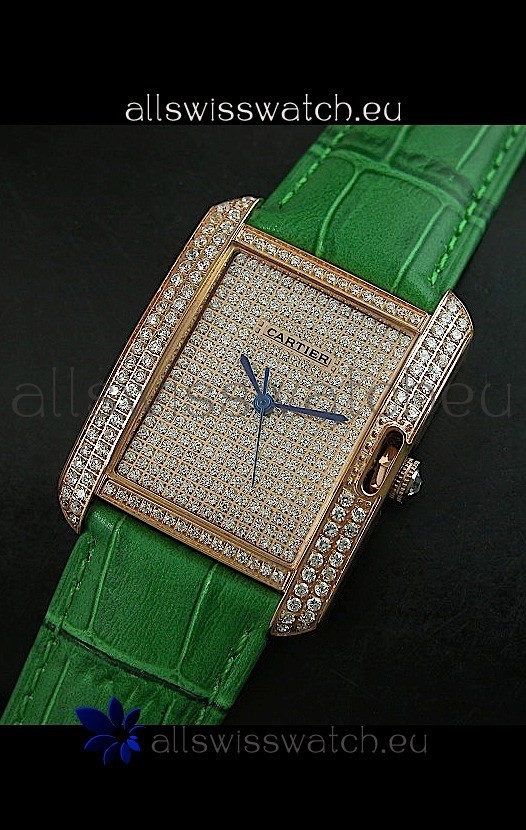 Cartier Tank Anglaise Ladies Replica Watch in Gold Case/Green Strap