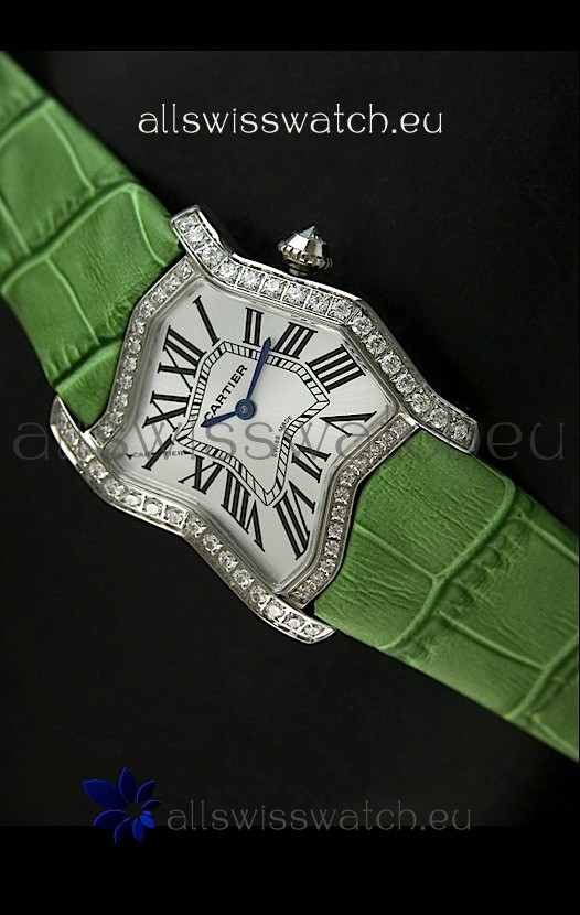 Cartier Tank Folle Ladies Replica Watch in Steel Case/Green Strap
