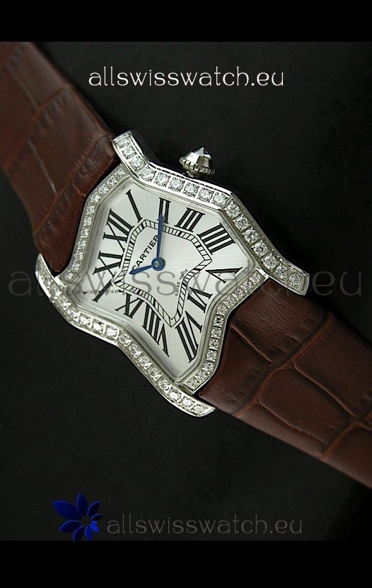 Cartier Tank Folle Ladies Replica Watch in Steel Case/Brown Strap