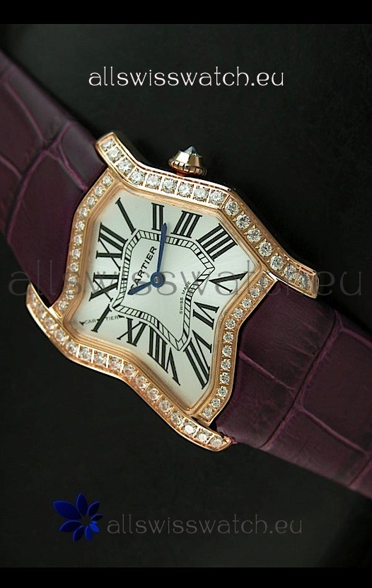 Cartier Tank Folle Ladies Replica Watch in Yellow Gold Case/Maroon Strap