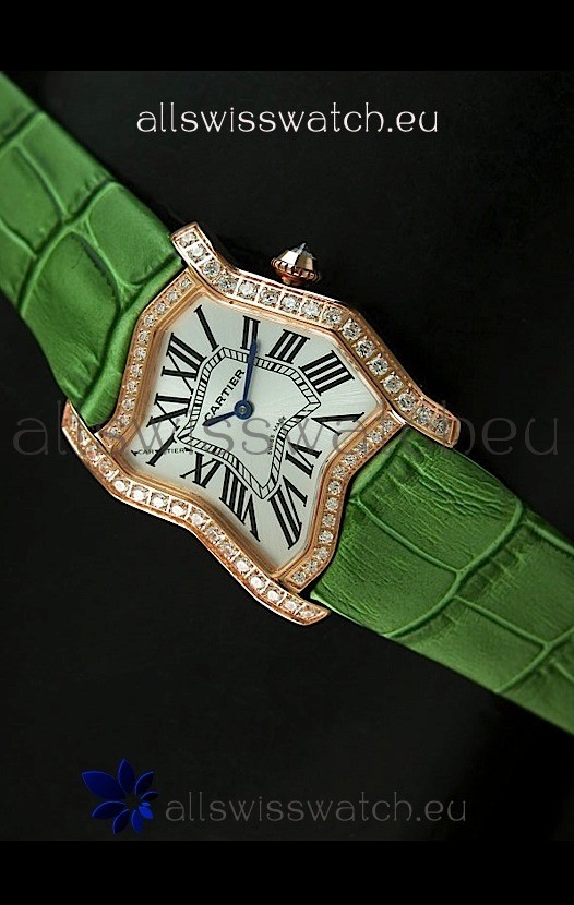 Cartier Tank Folle Ladies Replica Watch in Yellow Gold Case/Green Strap