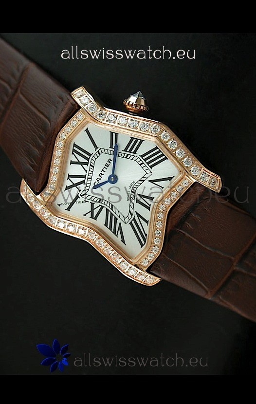 Cartier Tank Folle Ladies Replica Watch in Yellow Gold Case/Brown Strap
