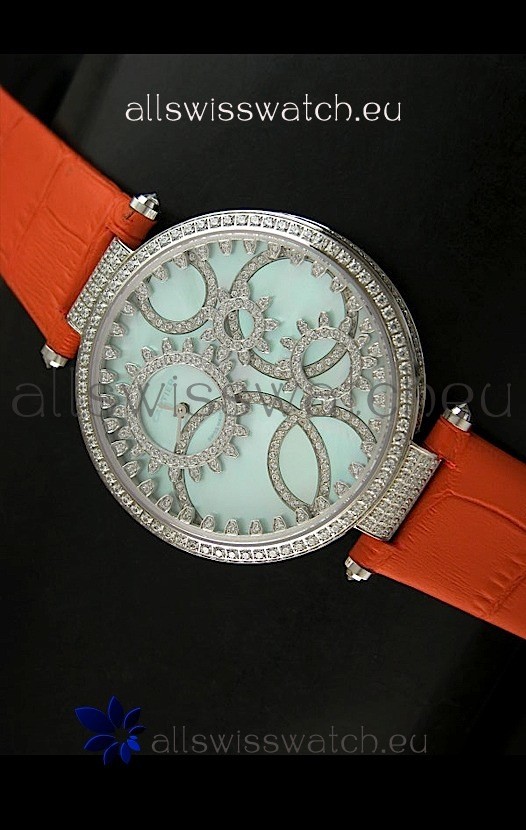 Cartier Replica Watch with Diamonds Embedded Dial Bezel in Steel Case/Orange Strap