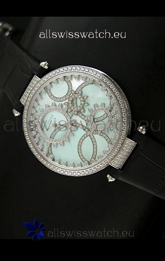 Cartier Replica Watch with Diamonds Embedded Dial Bezel in Steel Case/Black Strap