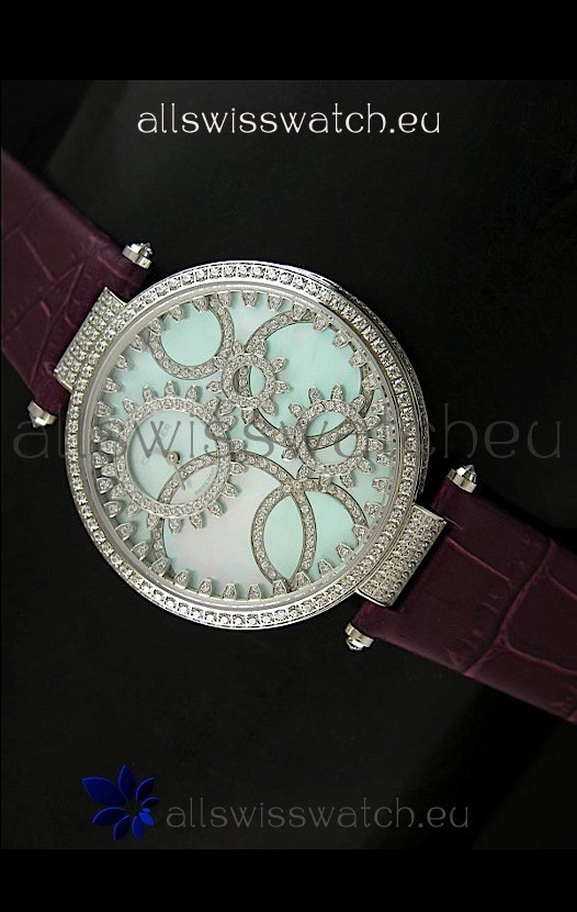 Cartier Replica Watch with Diamonds Embedded Dial Bezel in Steel Case/Maroon Strap