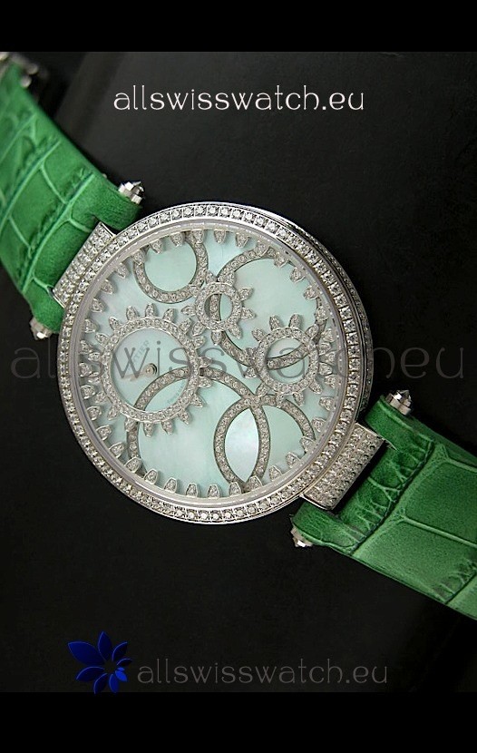 Cartier Replica Watch with Diamonds Embedded Dial Bezel in Steel Case/Green Strap