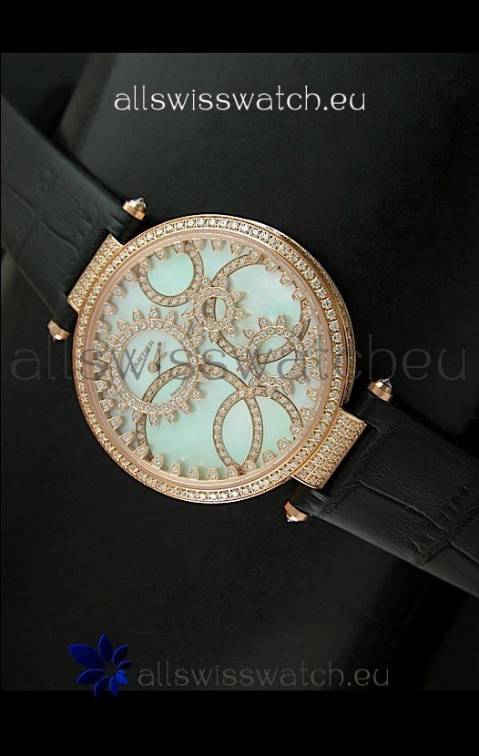 Cartier Replica Watch with Diamonds Embedded Dial Bezel in Gold Case/Black Strap