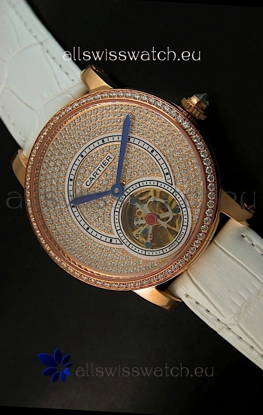 Ronde De Cartier Tourbillon Replica Watch Pink Gold Case - White Strap