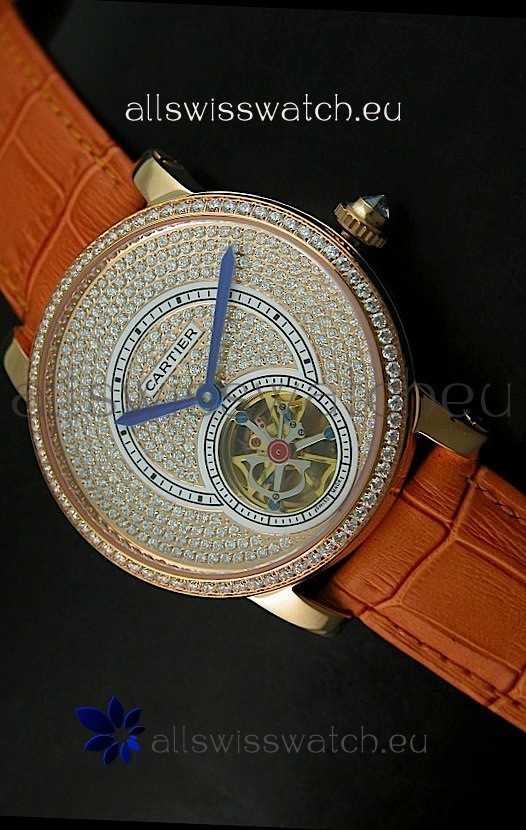 Ronde De Cartier Tourbillon Replica Watch Pink Gold Case - Brown Strap