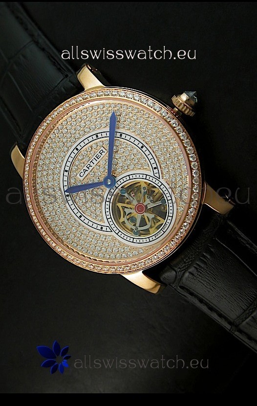 Ronde De Cartier Tourbillon Replica Watch Pink Gold Case - Black Strap