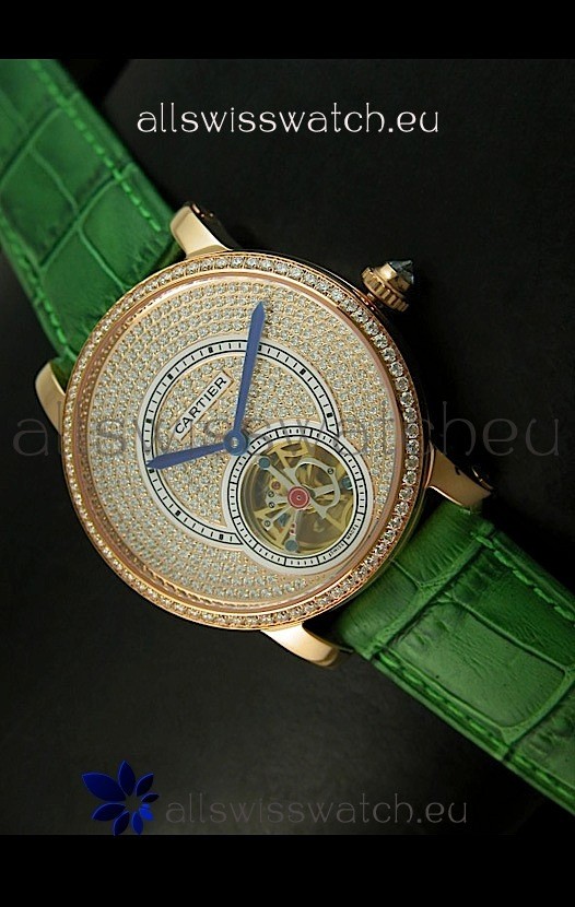 Ronde De Cartier Tourbillon Replica Watch Pink Gold Case - Green Strap