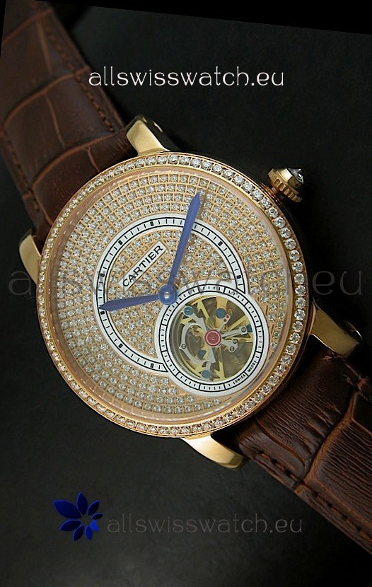 Ronde De Cartier Tourbillon Replica Watch Pink Gold Case - Dark Brown Strap