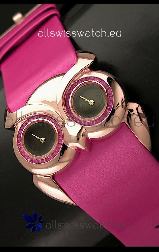 Chopard Animal World Ladies Owl Black Dial Watch in Pink Strap