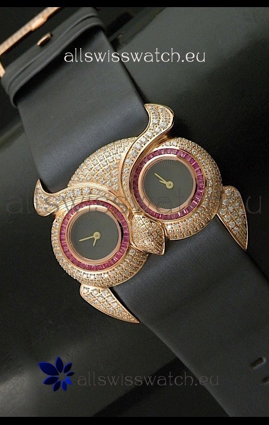 Chopard Animal World Ladies Owl Black Full Diamond Watch with Gold Plating
