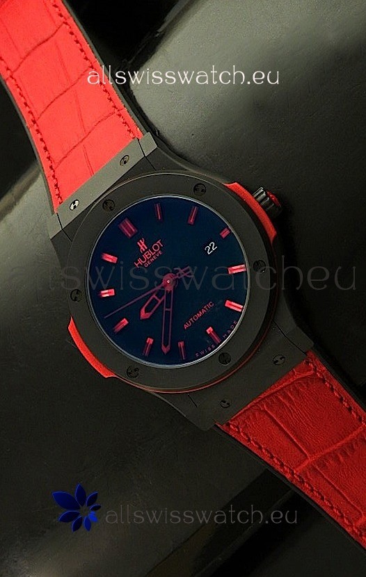 Hublot Big Bang Classic Fusion Ceramic Case Watch in Red Strap