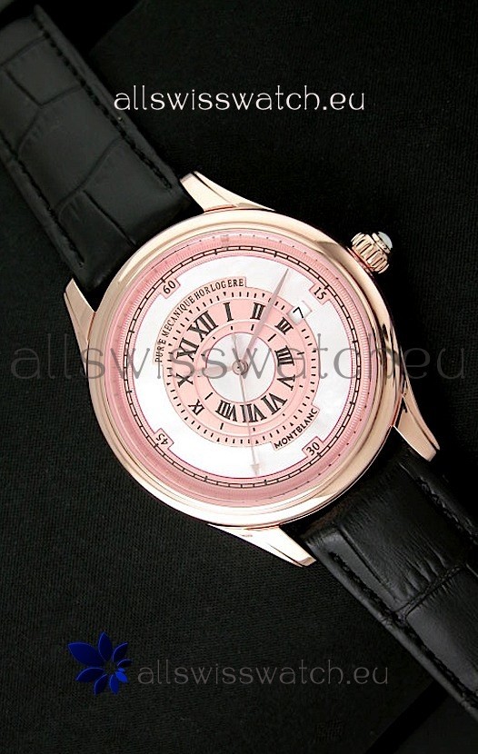 Montblanc Pure Mechanique Horlogere Swiss Replica Rose Gold Watch in Mop Pink Dial
