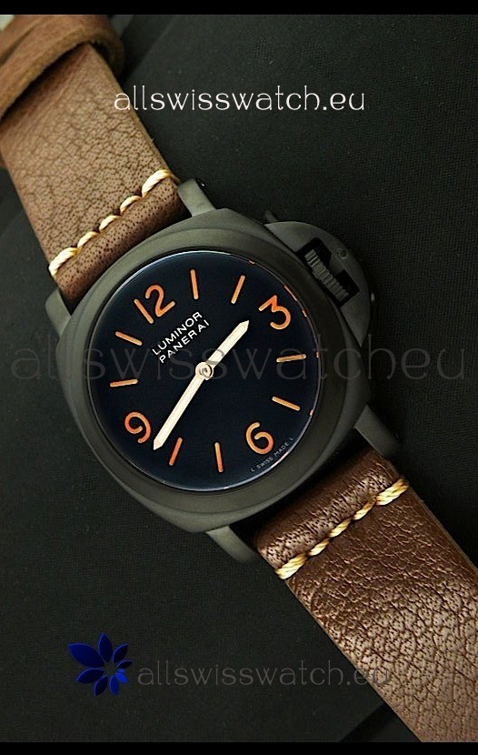 Panerai Luminor Marina Black Seal PVD Swiss Watch in Dark Brown Strap