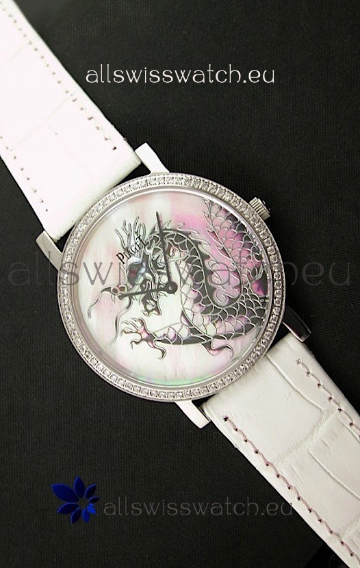 Piaget Mecanique Dragon Replica Watch in White Leather Strap