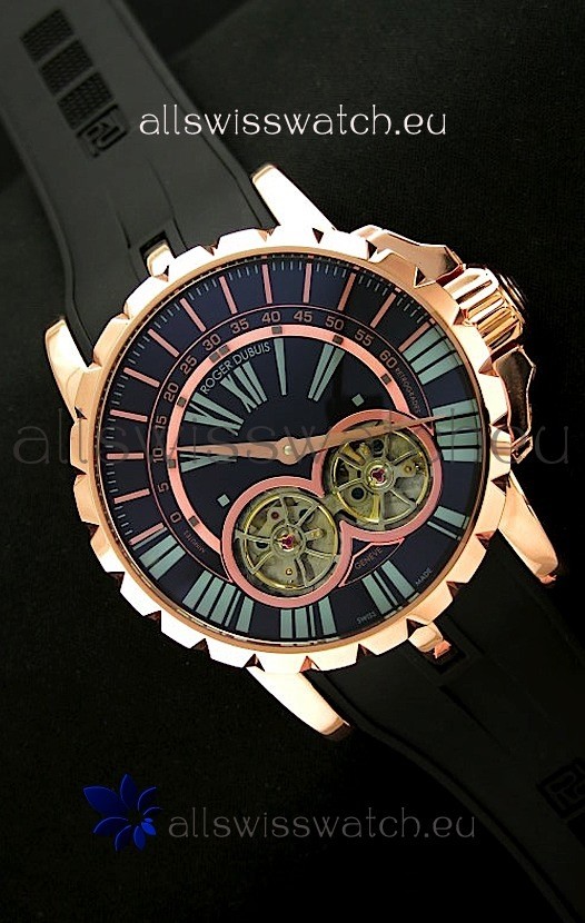 Roger Dubuis Chronoexcel Japanese Replica Automatic Rose Gold Watch in Blue Dial