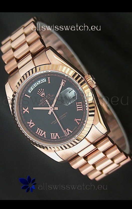 Rolex Day Date Swiss Rose Gold Watch in Black Dial