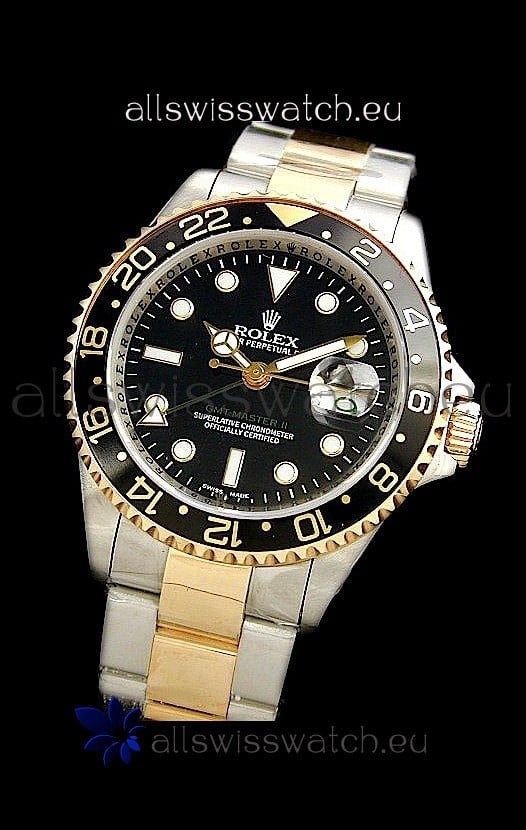 Rolex GMT Master II Swiss Replica Two Tone Gold Watch in Black Dial