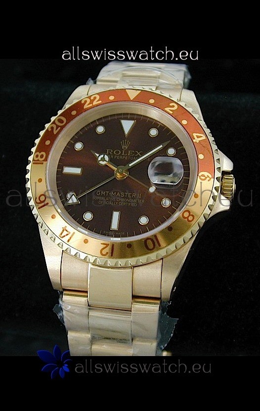 Rolex GMT Master II Swiss Replica Gold Watch in Dark Red Dial