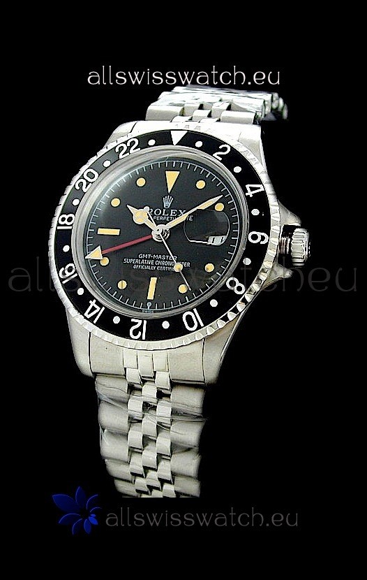 Rolex GMT Master Swiss Replica Steel Watch in Black Bezel