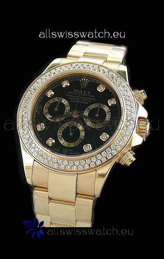 Rolex Daytona Swiss Replica Gold Watch in Full Diamond Bezel