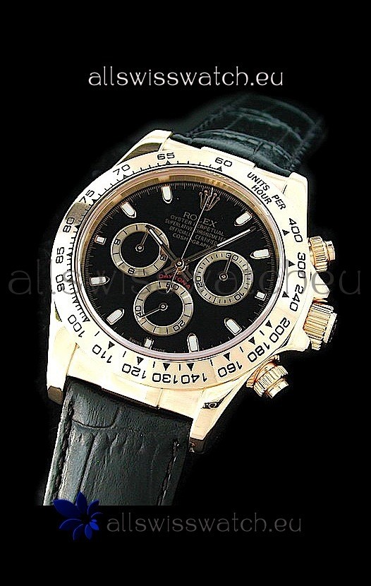 Rolex Daytona Cosmograph Swiss Replica Gold Watch in Black Leather Strap