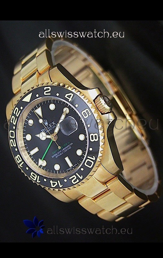 Rolex GMT Master II Swiss Replica Gold Watch in Black Dial