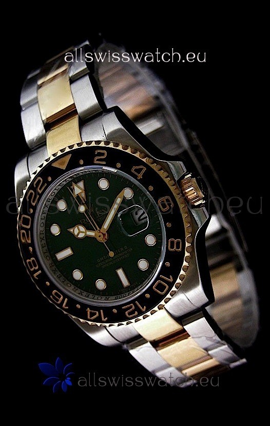 Rolex GMT Master II Swiss Replica Two Tone Gold Watch in Black Ceramic Bezel