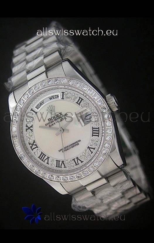 Rolex Day Date Just swiss Replica Watch in Mop Scream White Dial