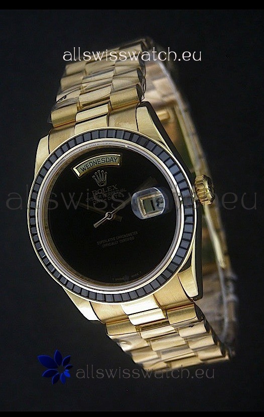 Rolex Day Date Just Japanese Replica Yellow Gold Watch in Black Dial