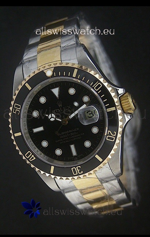 Rolex Submariner Oyster Perpetual Two Tone Watch in Black Ceramic Bezel