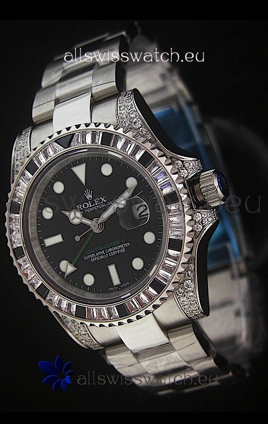Rolex Pro-Hunter GMT Master II Swiss Replica Steel Watch in Diamond Bezel