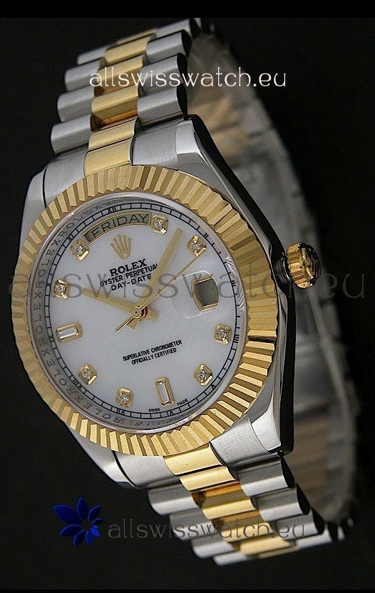 Rolex Day Date Just swiss Replica Two Tone Gold Watch in Mop White Dial
