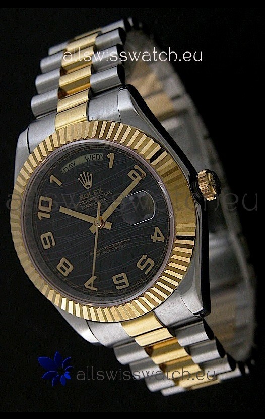 Rolex Datejust Japanese Replica Two Tone Yellow Gold Watch in Black Dial