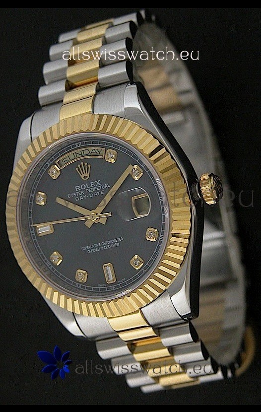 Rolex Day Date Just Japanese Replica Two Tone Gold Watch in Mop Grey Dial