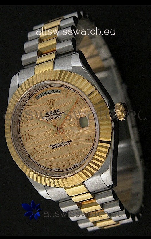 Rolex Day Date Just Japanese Replica Two Tone Gold Watch in Golden Stripe Pattern Dial 