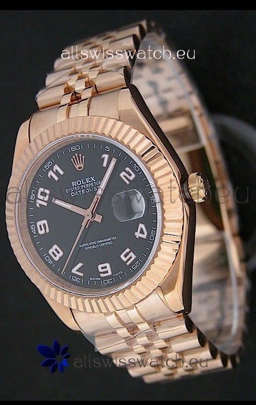 Rolex Datejust Japanese Replica Rose Gold Watch in Black Dial