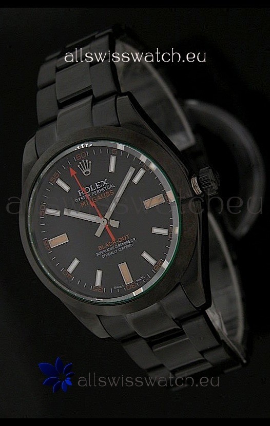 Rolex White Milgauss Black-Out Swiss Replica Watch in Orange Markers