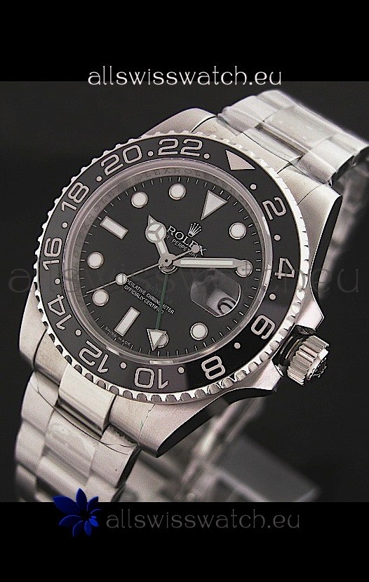 Rolex GMT Master II Swiss Replica Steel Watch in Black Dial