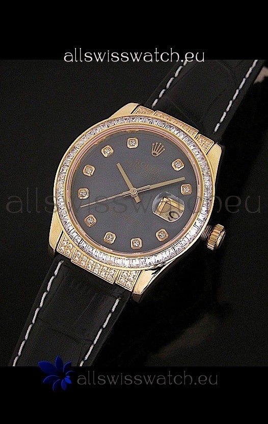 Rolex DateJust Swiss Mens Replica Yellow Gold Watch in Black Mother of Pearl Dial