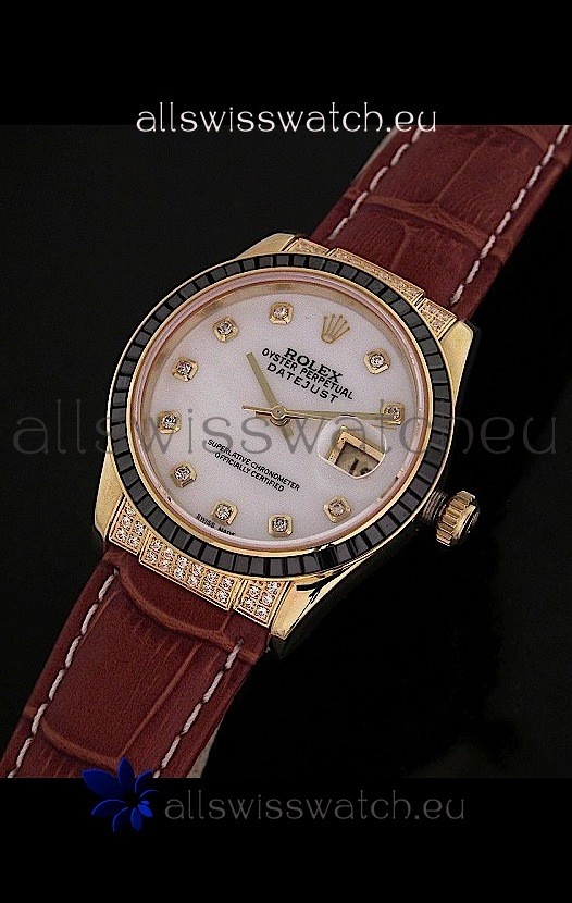 Rolex DateJust Swiss Mens Replica Yellow Gold Watch in Diamond Markers