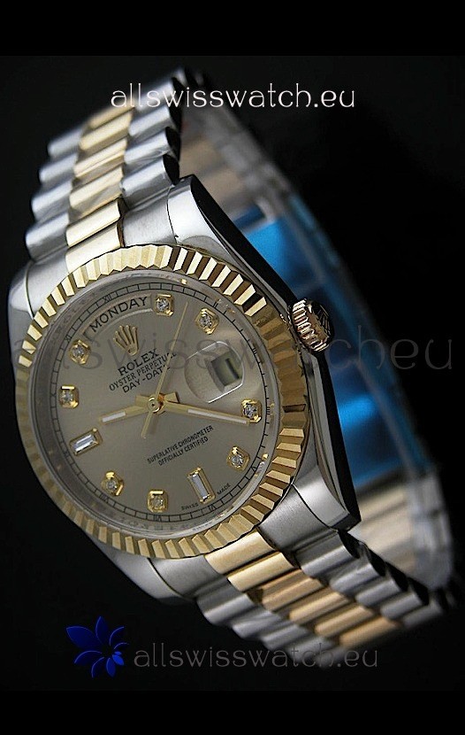 Rolex Day Date Just Japanese Replica Two Tone Gold Watch in Golden Dial